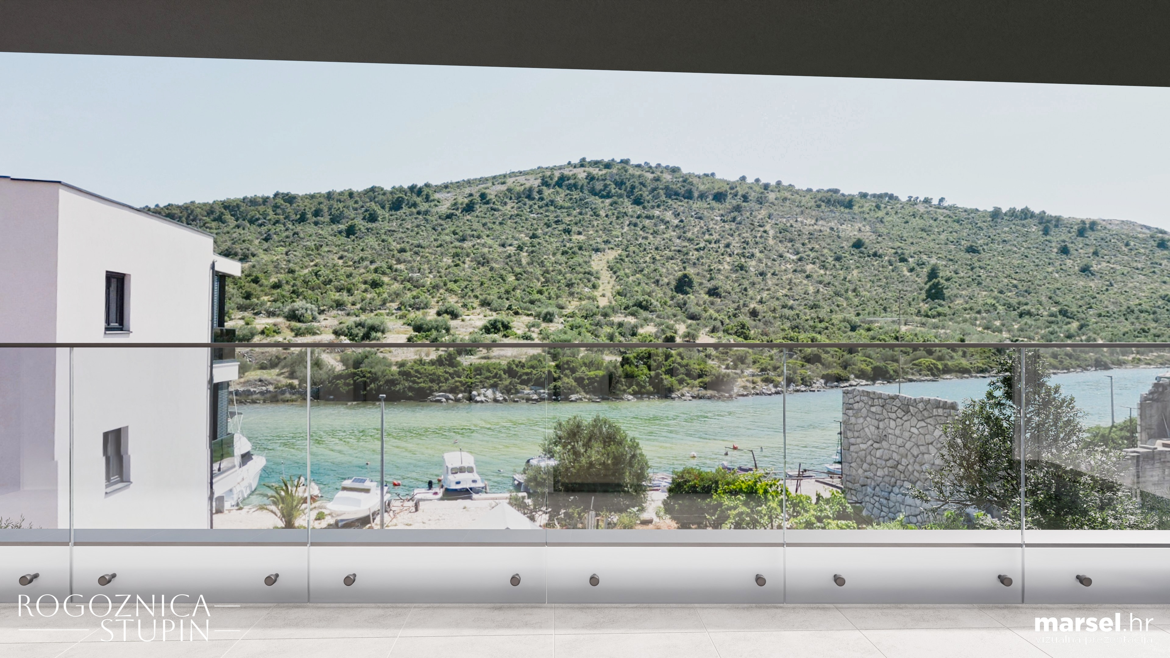 Vizualizacija interijera apartmana u novogradnji Rogoznica Stupin. Prostrani i svijetli unutarnji prostori s pogledom na more, idealni za stanovanje ili investiranje u apartman na dalmatinskoj obali.